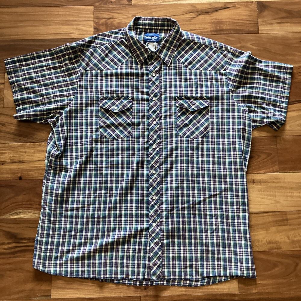 VINTAGE Wrangler Shirt Mens 3XL Tall Pearl Snap Cowboy Western Blue Plaid 1980s